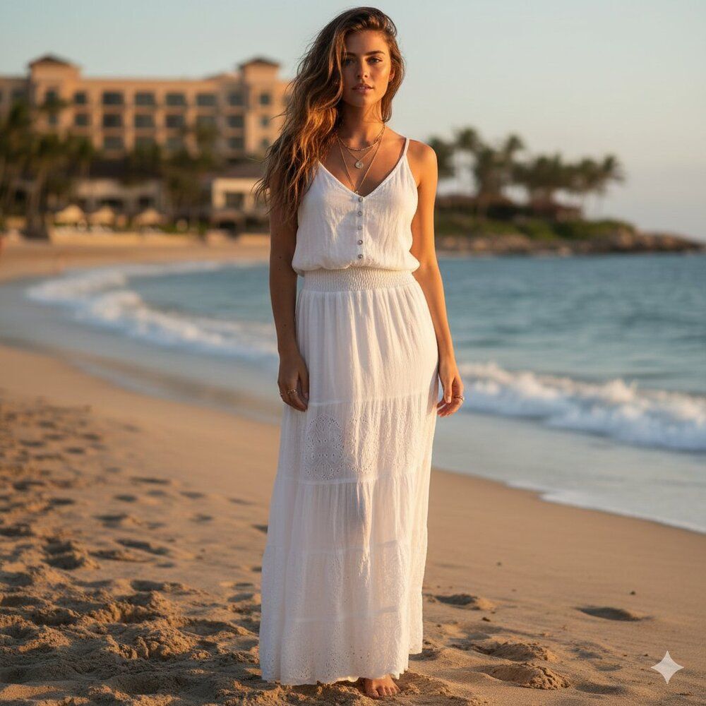 Newbury Kustom White Maxi Dress with Button Detail Size Medium